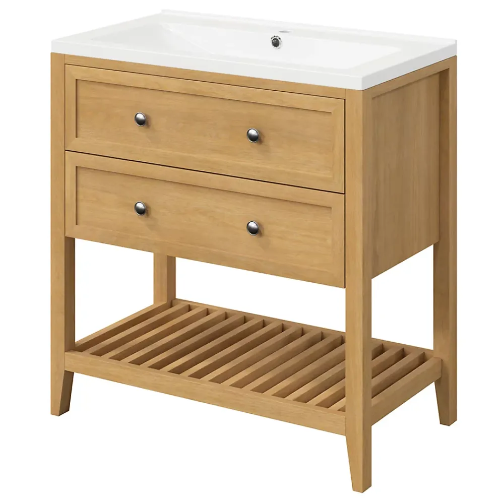 Meuble Buanderie|Meuble Sous-Vasque|GoodHome Meuble sous vasque à poser 2 tiroirs placage chêne l.80 x H.80,6 x P.45 cm, Perma