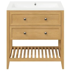 Meuble Buanderie|Meuble Sous-Vasque|GoodHome Meuble sous vasque à poser 2 tiroirs placage chêne l.80 x H.80,6 x P.45 cm, Perma
