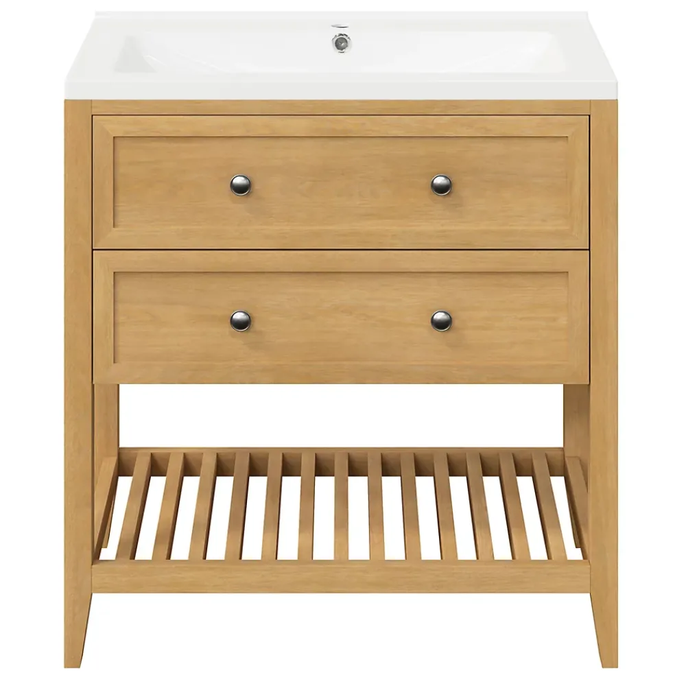 Meuble Buanderie|Meuble Sous-Vasque|GoodHome Meuble sous vasque à poser 2 tiroirs placage chêne l.80 x H.80,6 x P.45 cm, Perma