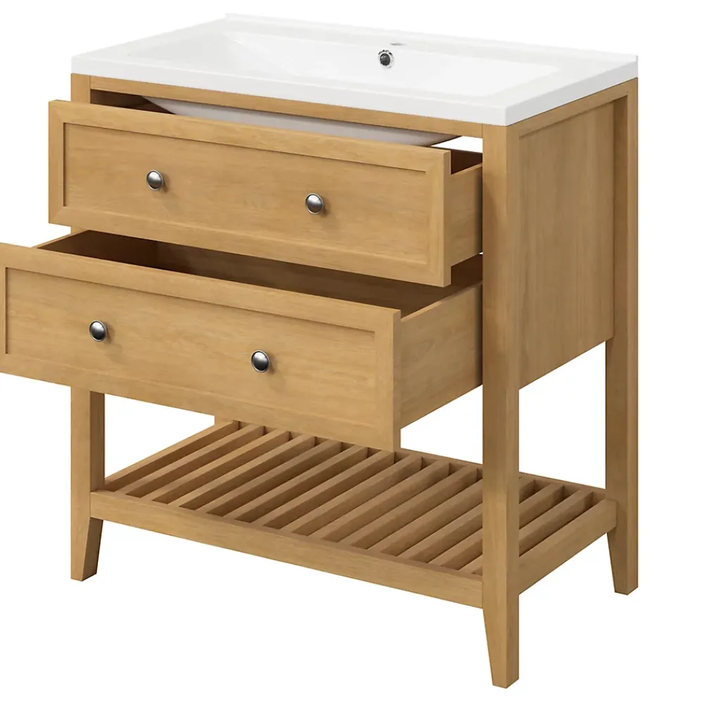 Meuble Buanderie|Meuble Sous-Vasque|GoodHome Meuble sous vasque à poser 2 tiroirs placage chêne l.80 x H.80,6 x P.45 cm, Perma