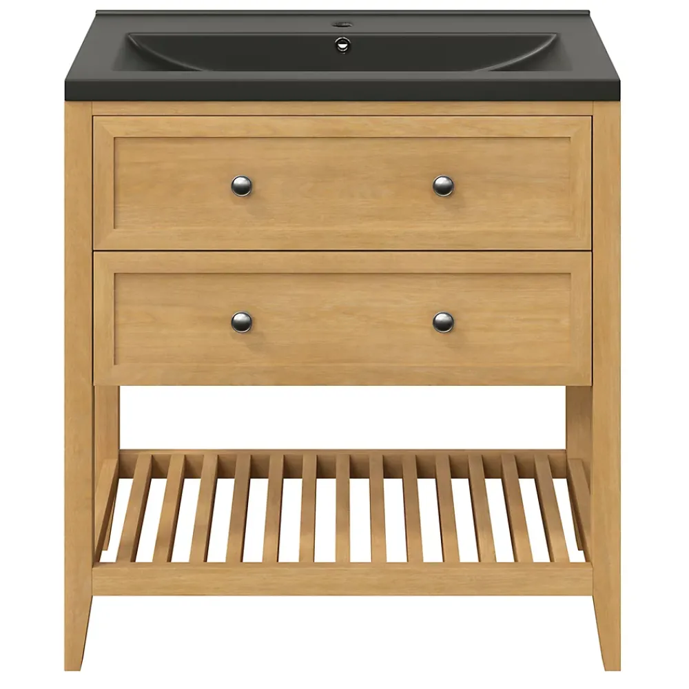 Meuble Buanderie|Meuble Sous-Vasque|GoodHome Meuble sous vasque à poser 2 tiroirs placage chêne l.80 x H.80,6 x P.45 cm, Perma