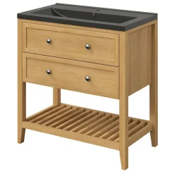 Meuble Buanderie|Meuble Sous-Vasque|GoodHome Meuble sous vasque à poser 2 tiroirs placage chêne l.80 x H.80,6 x P.45 cm, Perma