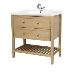 Meuble Buanderie|Meuble Sous-Vasque|GoodHome Meuble sous vasque à poser 2 tiroirs placage chêne l.80 x H.80,6 x P.45 cm, Perma