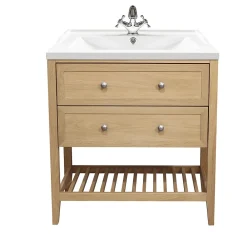 GoodHome Meuble sous vasque à poser 2 tiroirs 1 niche placage chêne l.80 cm Perma + plan vasque blanc Lana,