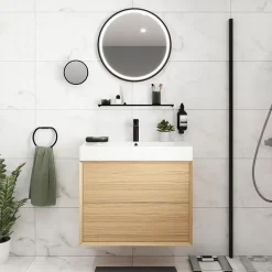 Meuble Buanderie|Meuble Sous-Vasque|GoodHome Meuble sous vasque à suspendre Avela placage chêne 80 cm