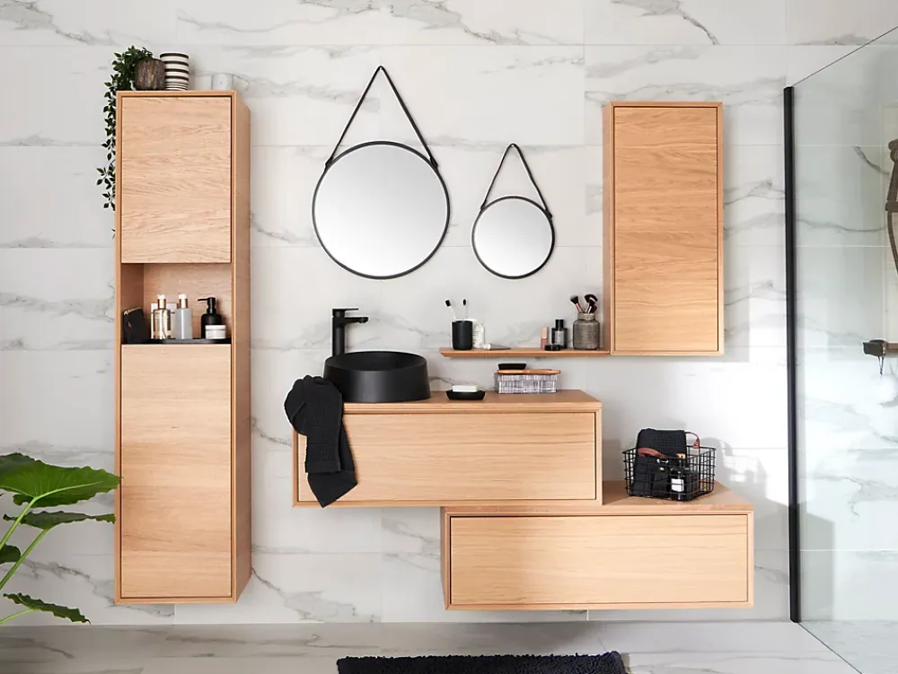 Meuble Buanderie|GoodHome Meuble sous vasque à suspendre Avela placage chêne 100 cm + plans de toilette Avela vendu par 2