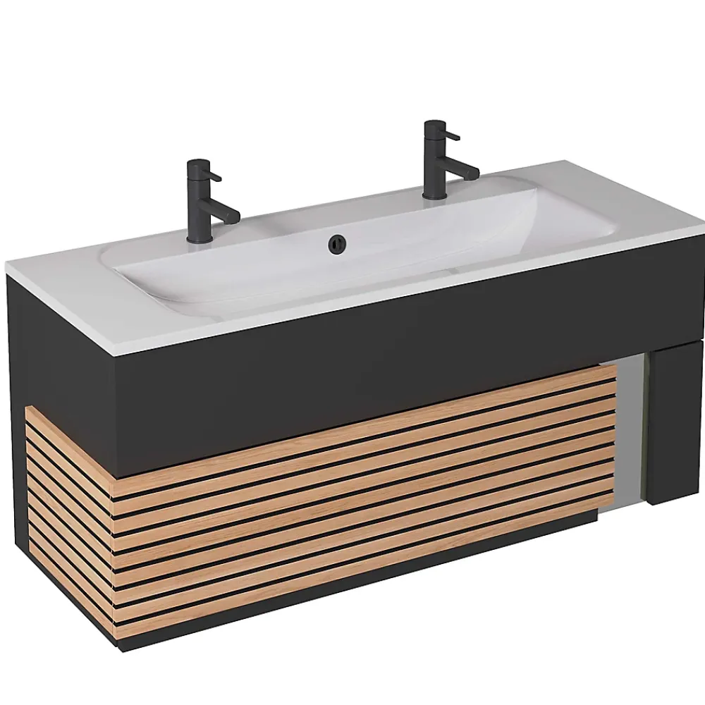 Meuble Vasque|Decotec Meuble sous vasque à suspendre Archi noir mat 120 cm + plan vasque en Céramyl® pour 2 mitigeurs