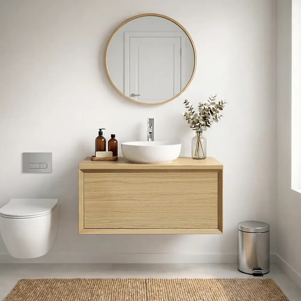 GoodHome Meuble sous vasque 1 tiroir à suspendre Avela placage chêne 60 cm + plan de toilette Avela