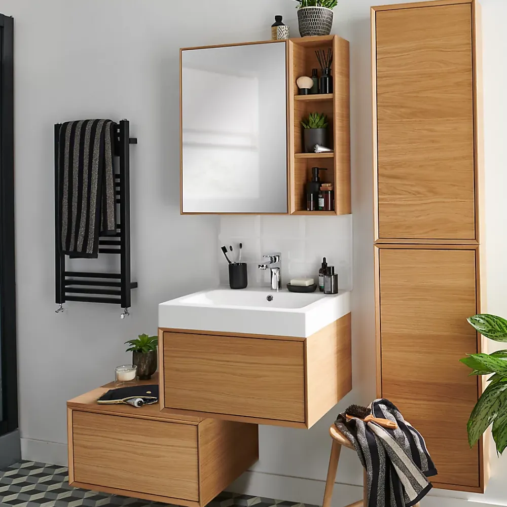 GoodHome Meuble sous vasque 1 tiroir à suspendre Avela placage chêne 60 cm