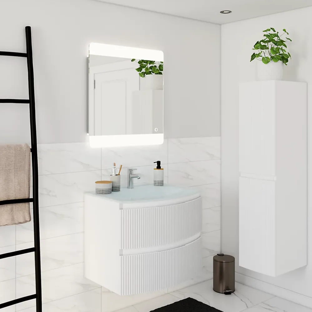 Meuble Sous-Vasque| Meuble sous vasque blanc mat strié l.69 x H.55 x P.52 cm, Vague