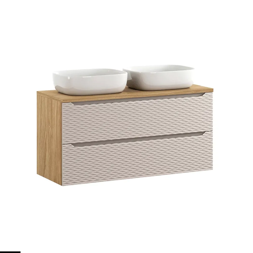 Meuble Sous Lavabo|Otitec Meuble sous vasque de 120 cm - avec plan - avec 2 vasques à poser - 2 tiroirs - SEA BEIGE