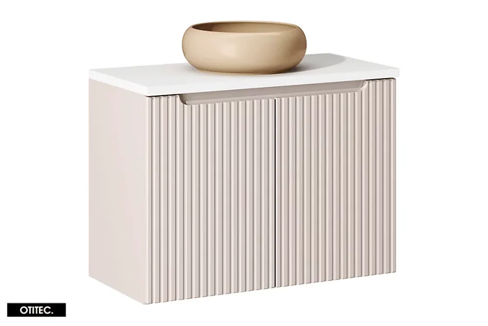Otitec Meuble sous vasque de 80 cm - avec vasque à poser - avec plan - Cachemire Mat/Blanc - 2 portes - VOLTA CASHMERE