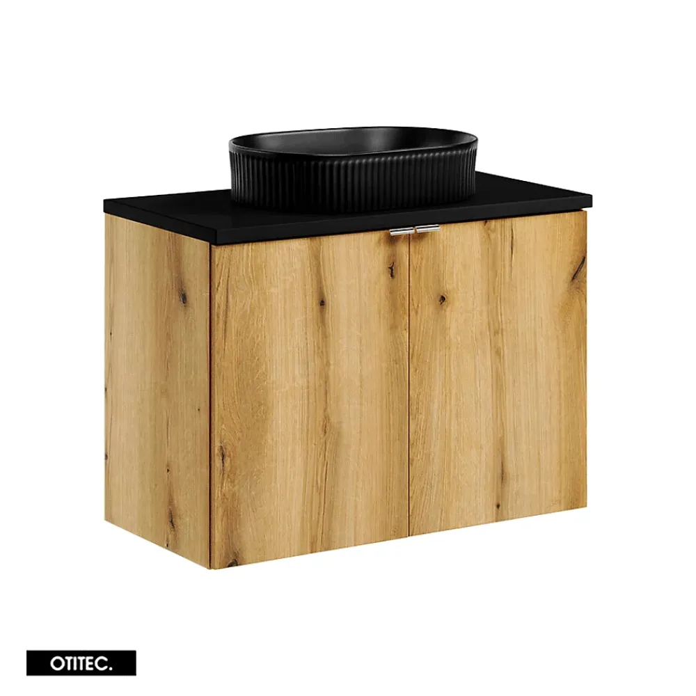 Meuble Sous Lavabo|Otitec Meuble sous vasque de 80 cm - avec vasque à poser - avec plan - Noir/Oak - 2 portes - VOLTA OAK