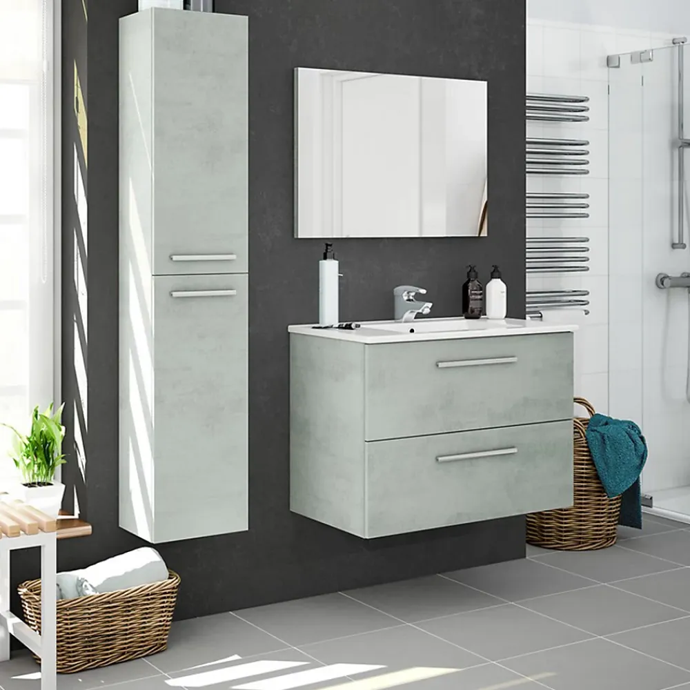 Meuble Sous Lavabo|Pegane Meuble sous vasque de salle de bain Suspendu 80 cm + miroir coloris béton - Hauteur 57 x Longueur 80 x Profondeur 45 cm