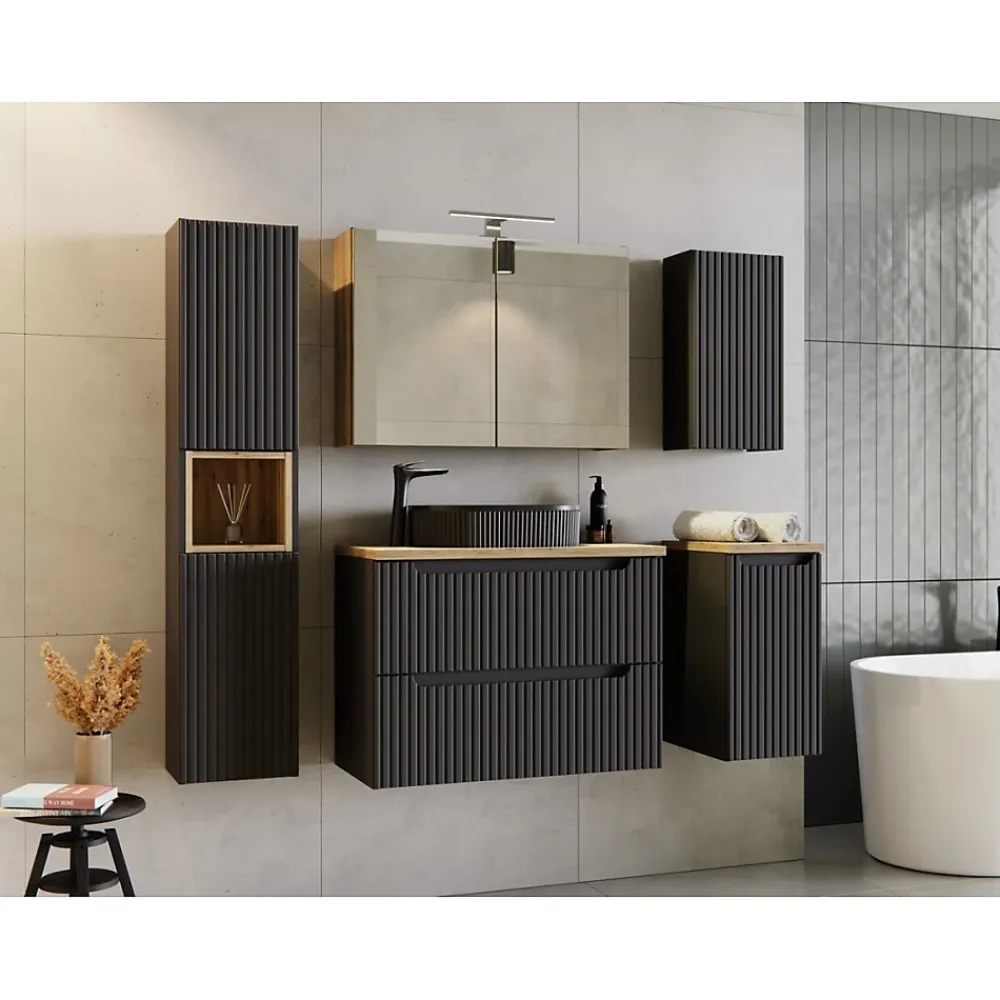 Meublorama Meuble sous vasque de salle de bain VANO 2 tiroirs Noir mat L80 x P39 x H57 cm Meuble suspendu