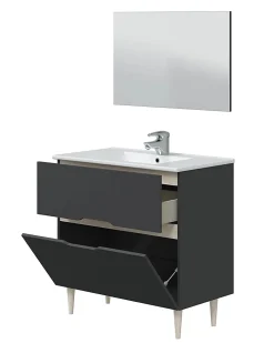 Meuble Sous Lavabo|Pegane Meuble sous vasque en panneaux de particules mélaminés coloris noir avec miroir - Longueur 80 x Profondeur 45 x Hauteur 80 cm