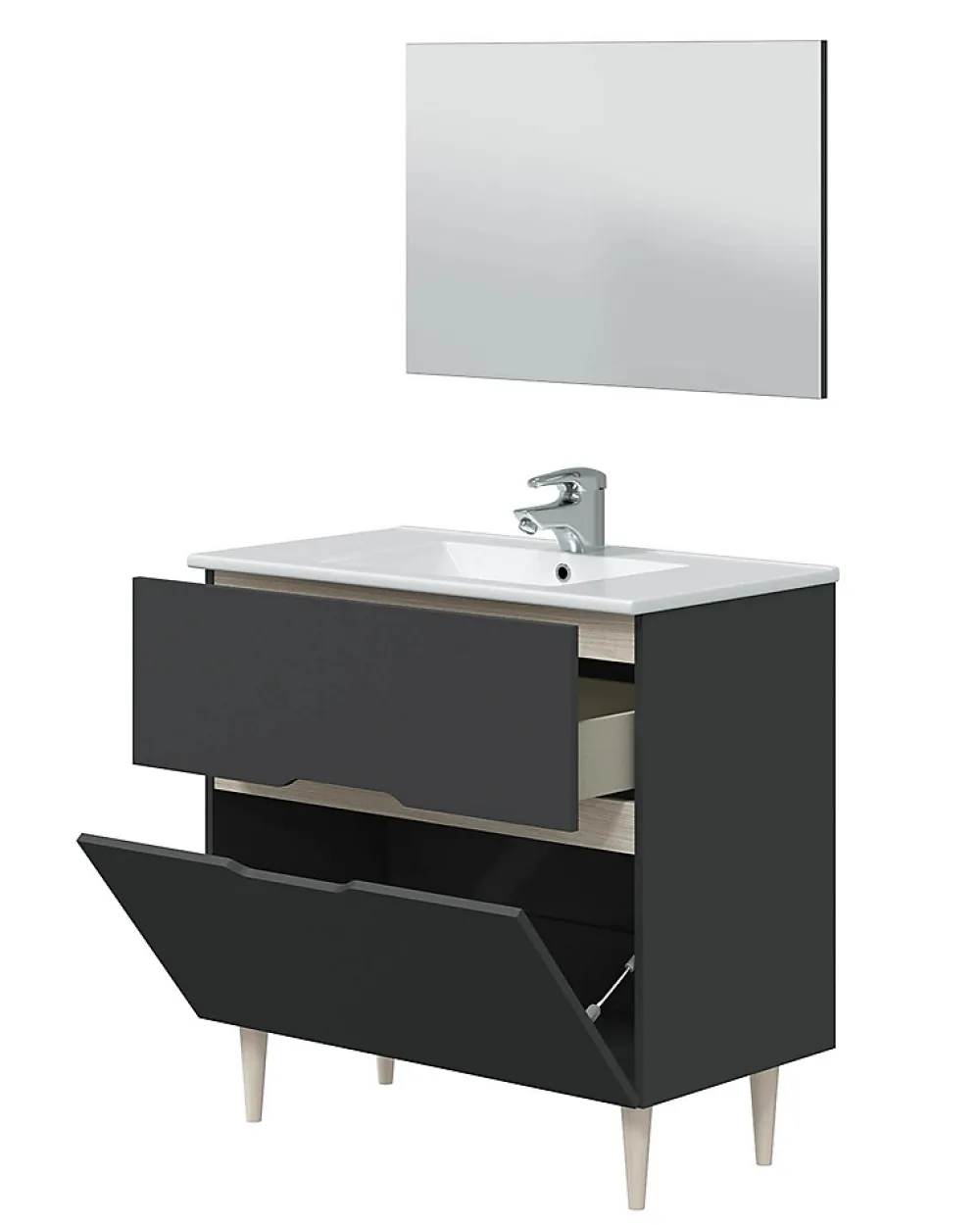 Meuble Sous Lavabo|Pegane Meuble sous vasque en panneaux de particules mélaminés coloris noir avec miroir - Longueur 80 x Profondeur 45 x Hauteur 80 cm