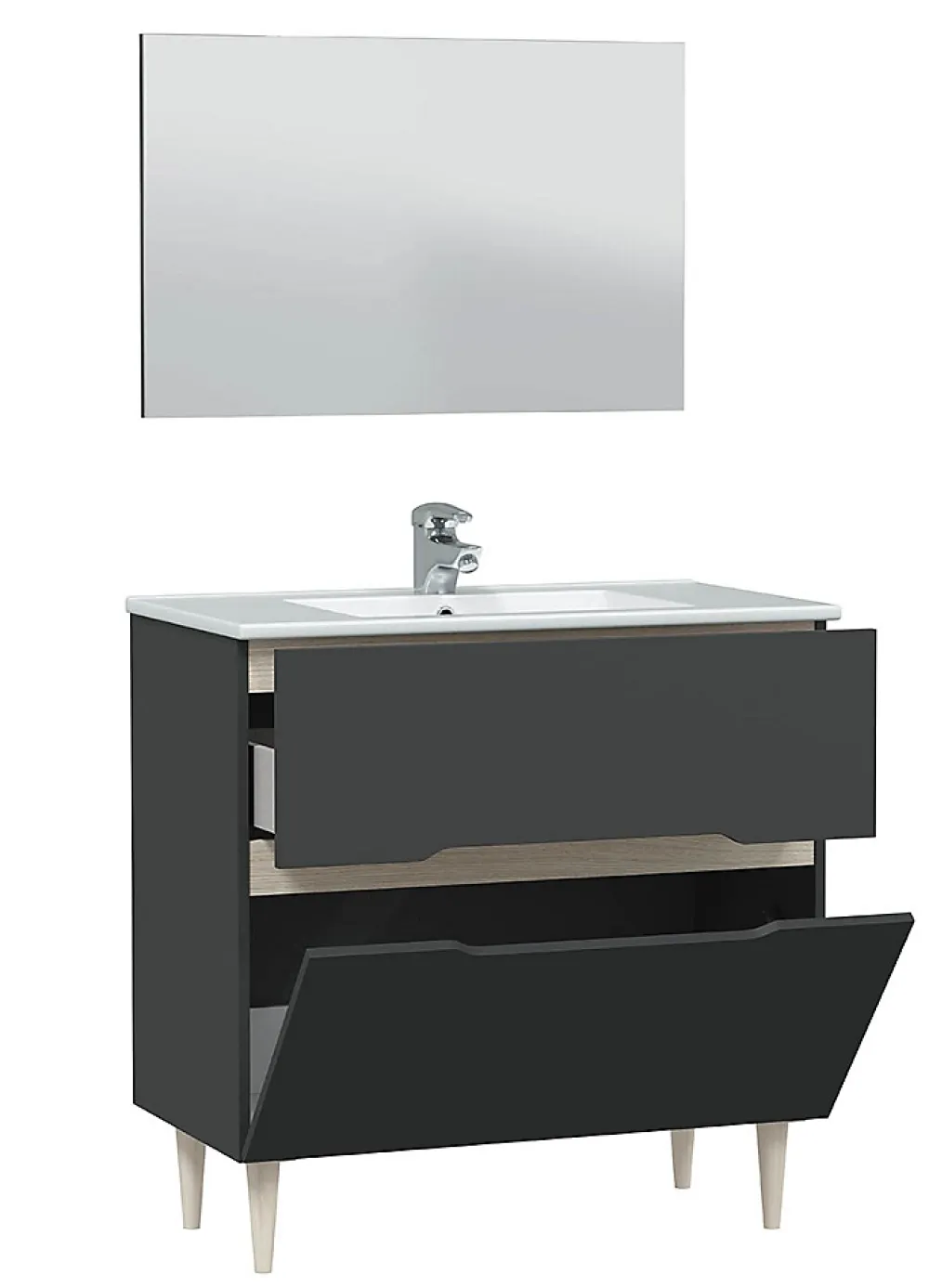 Meuble Sous Lavabo|Pegane Meuble sous vasque en panneaux de particules mélaminés coloris noir avec miroir - Longueur 80 x Profondeur 45 x Hauteur 80 cm
