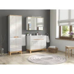 Meuble Sous-Vasque|Meublorama Meuble sous vasque ERMANO Chene clair et blanc brillant 100x84 cm 3 portes À poser