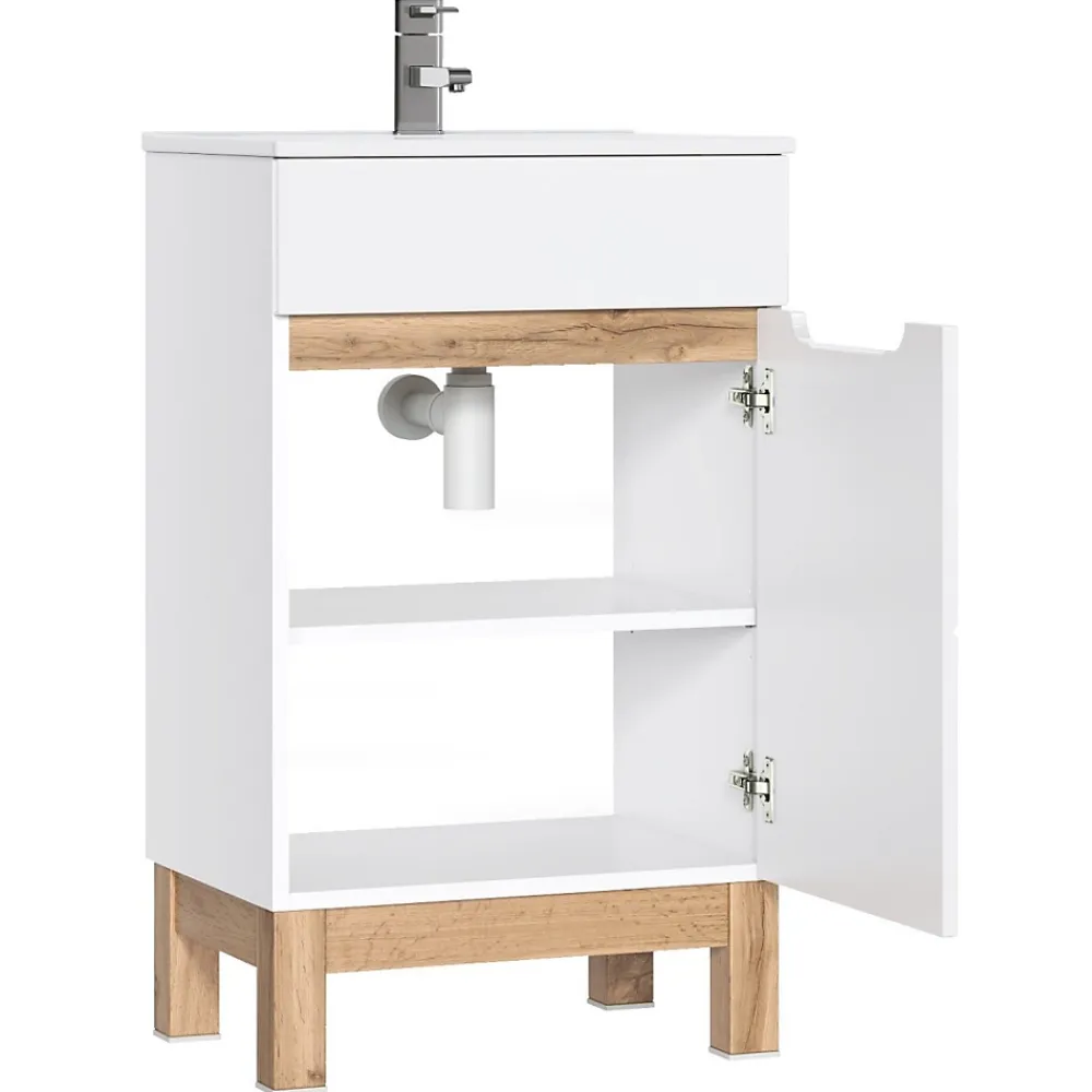 Meublorama Meuble sous vasque ERMANO Chene clair et blanc brillant 50x84 cm 1 porte À poser