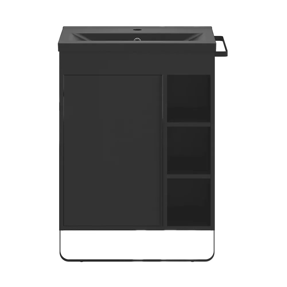 GoodHome Meuble sous vasque faible profondeur à poser avec porte-serviettes noir l.65 x H.82 x P.36 cm, Maza