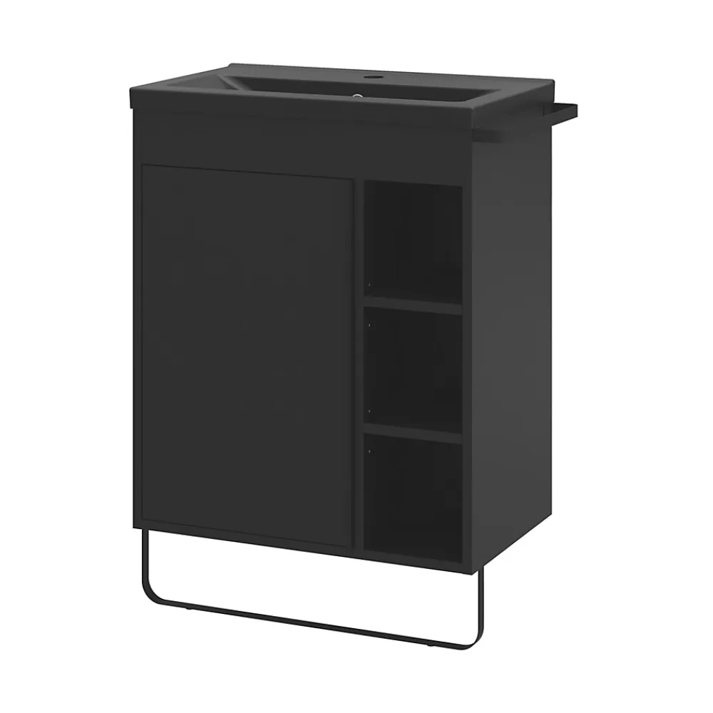 GoodHome Meuble sous vasque faible profondeur à poser avec porte-serviettes noir l.65 x H.82 x P.36 cm, Maza