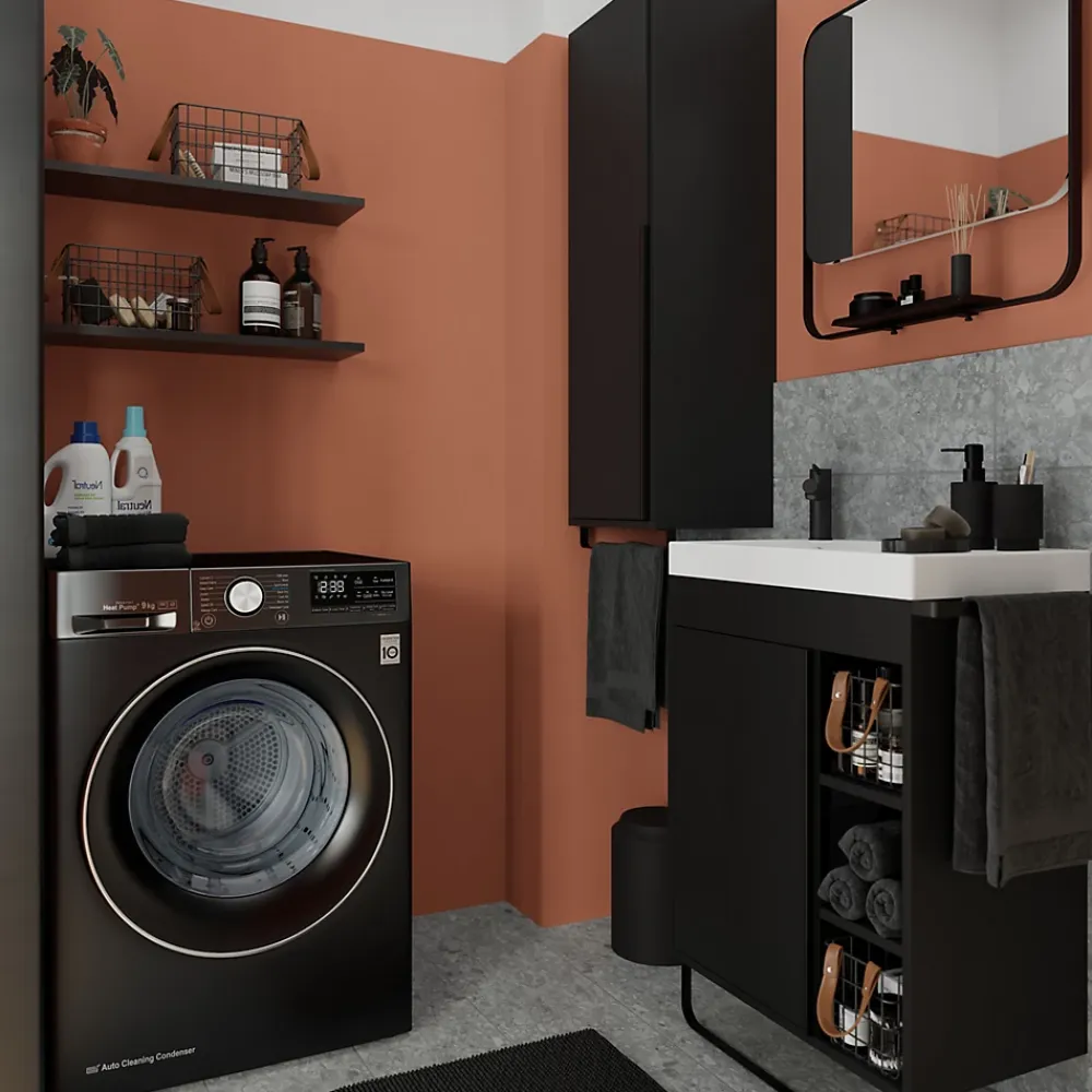 GoodHome Meuble sous vasque faible profondeur à poser avec porte-serviettes noir l.65 x H.82 x P.36 cm, Maza