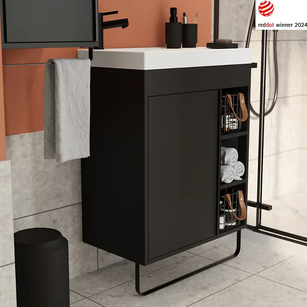 GoodHome Meuble sous vasque faible profondeur à poser avec porte-serviettes noir l.65 x H.82 x P.36 cm, Maza