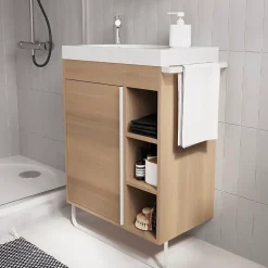 Meuble Buanderie|Meuble De Salle De Bains Faible Profondeur|GoodHome Meuble sous vasque faible profondeur à poser avec porte-serviettes effet bois l.65 x H.82 x P.36 cm, Maza