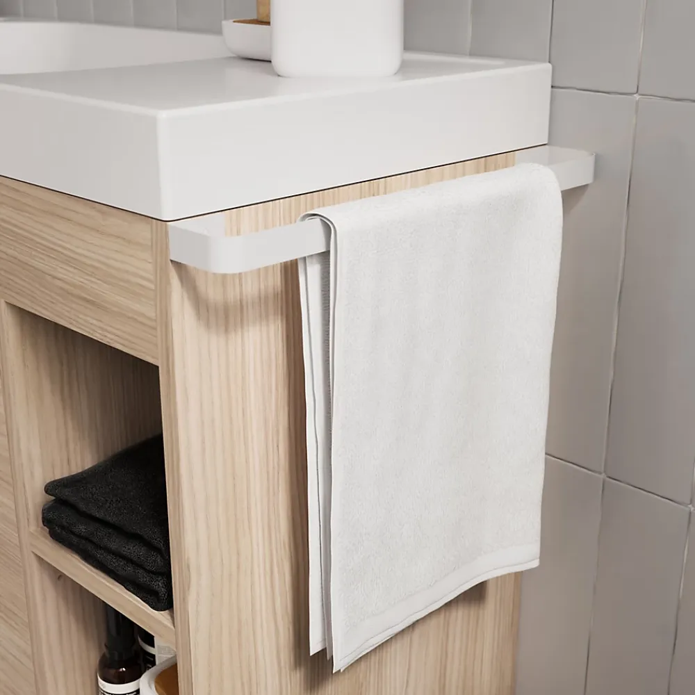 GoodHome Meuble sous vasque faible profondeur à poser avec porte-serviettes effet bois l.85 x H.82 x P.36 cm, Maza