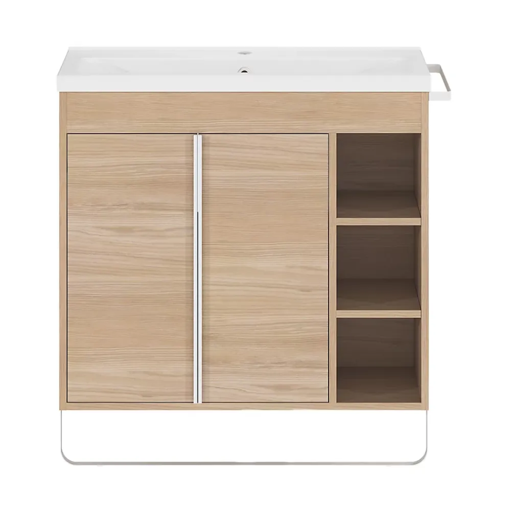 GoodHome Meuble sous vasque faible profondeur à poser avec porte-serviettes effet bois l.85 x H.82 x P.36 cm, Maza