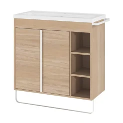 GoodHome Meuble sous vasque faible profondeur à poser avec porte-serviettes effet bois l.85 x H.82 x P.36 cm, Maza