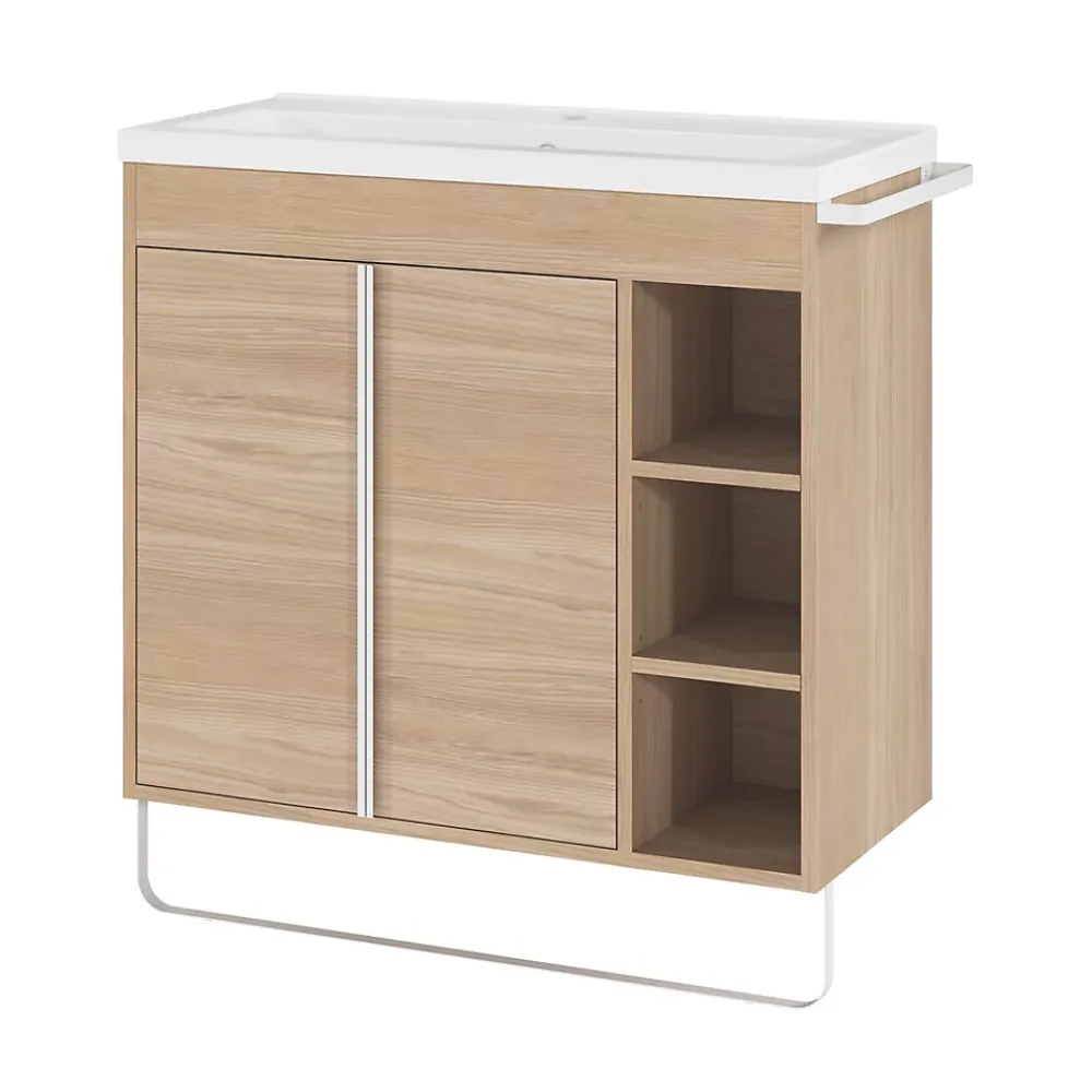 GoodHome Meuble sous vasque faible profondeur à poser avec porte-serviettes effet bois l.85 x H.82 x P.36 cm, Maza