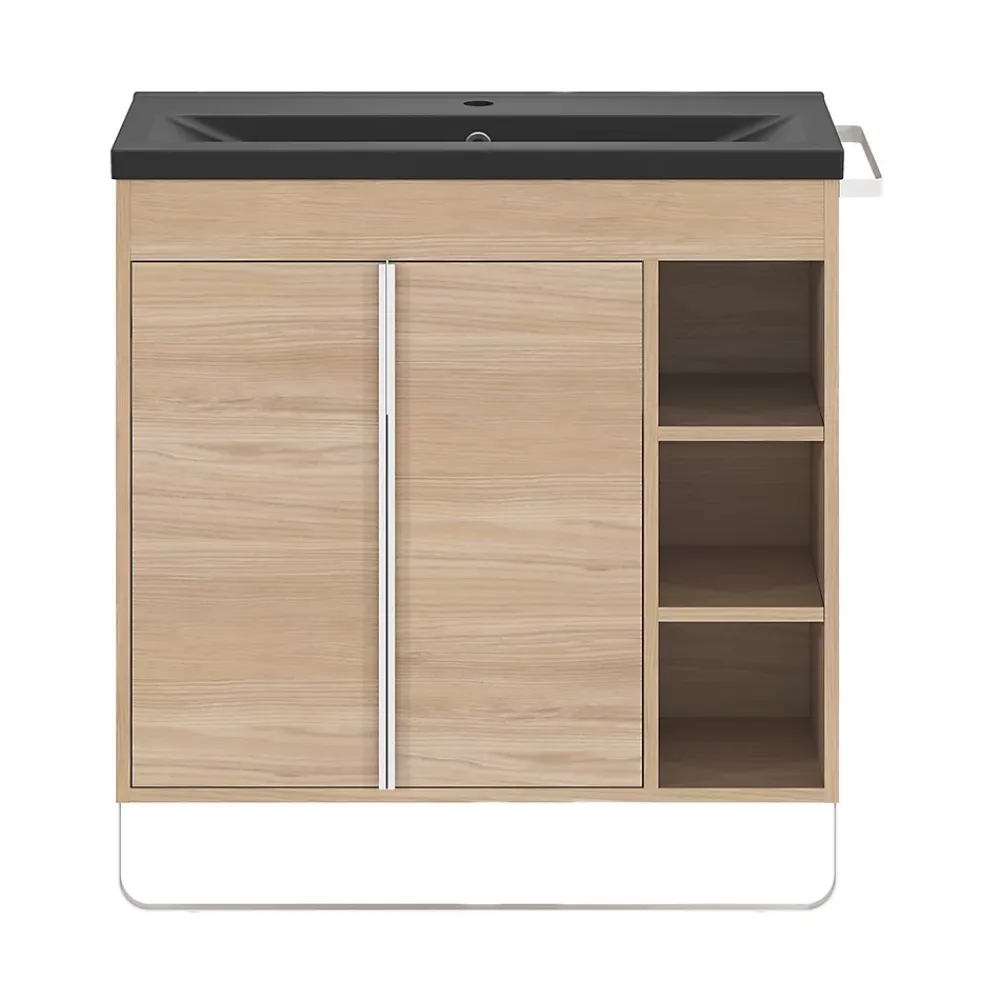 GoodHome Meuble sous vasque faible profondeur à poser avec porte-serviettes effet bois l.85 x H.82 x P.36 cm, Maza