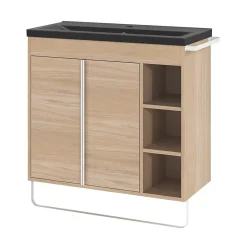 GoodHome Meuble sous vasque faible profondeur à poser avec porte-serviettes effet bois l.85 x H.82 x P.36 cm, Maza