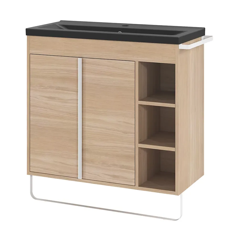 GoodHome Meuble sous vasque faible profondeur à poser avec porte-serviettes effet bois l.85 x H.82 x P.36 cm, Maza