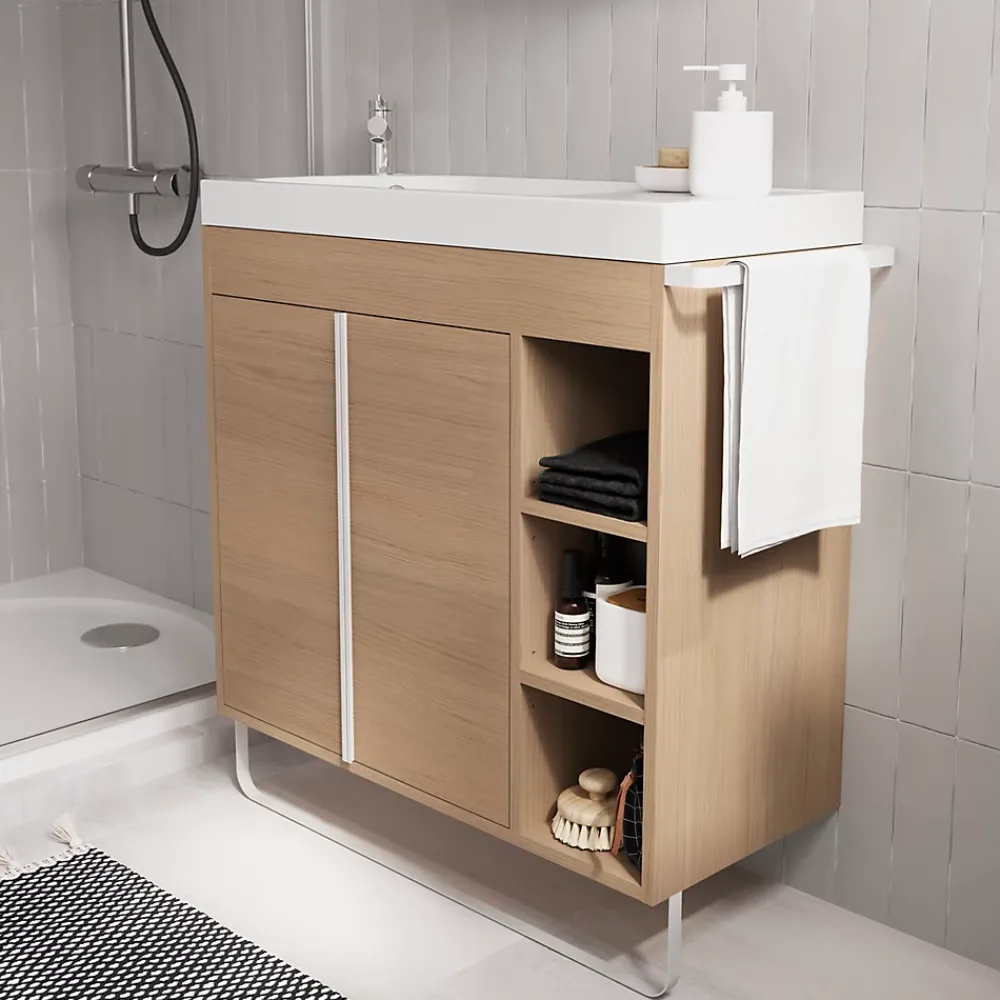 GoodHome Meuble sous vasque faible profondeur à poser avec porte-serviettes effet bois l.85 x H.82 x P.36 cm, Maza