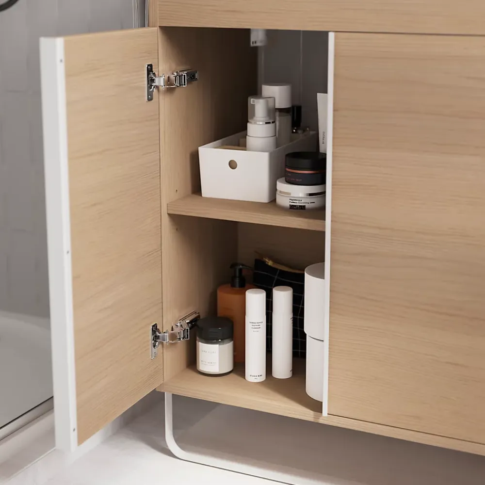 GoodHome Meuble sous vasque faible profondeur à poser avec porte-serviettes effet bois l.85 x H.82 x P.36 cm, Maza