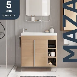 GoodHome Meuble sous vasque faible profondeur à poser avec porte-serviettes effet bois l.85 x H.82 x P.36 cm, Maza