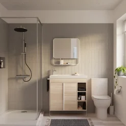 GoodHome Meuble sous vasque faible profondeur à poser avec porte-serviettes effet bois l.85 x H.82 x P.36 cm, Maza