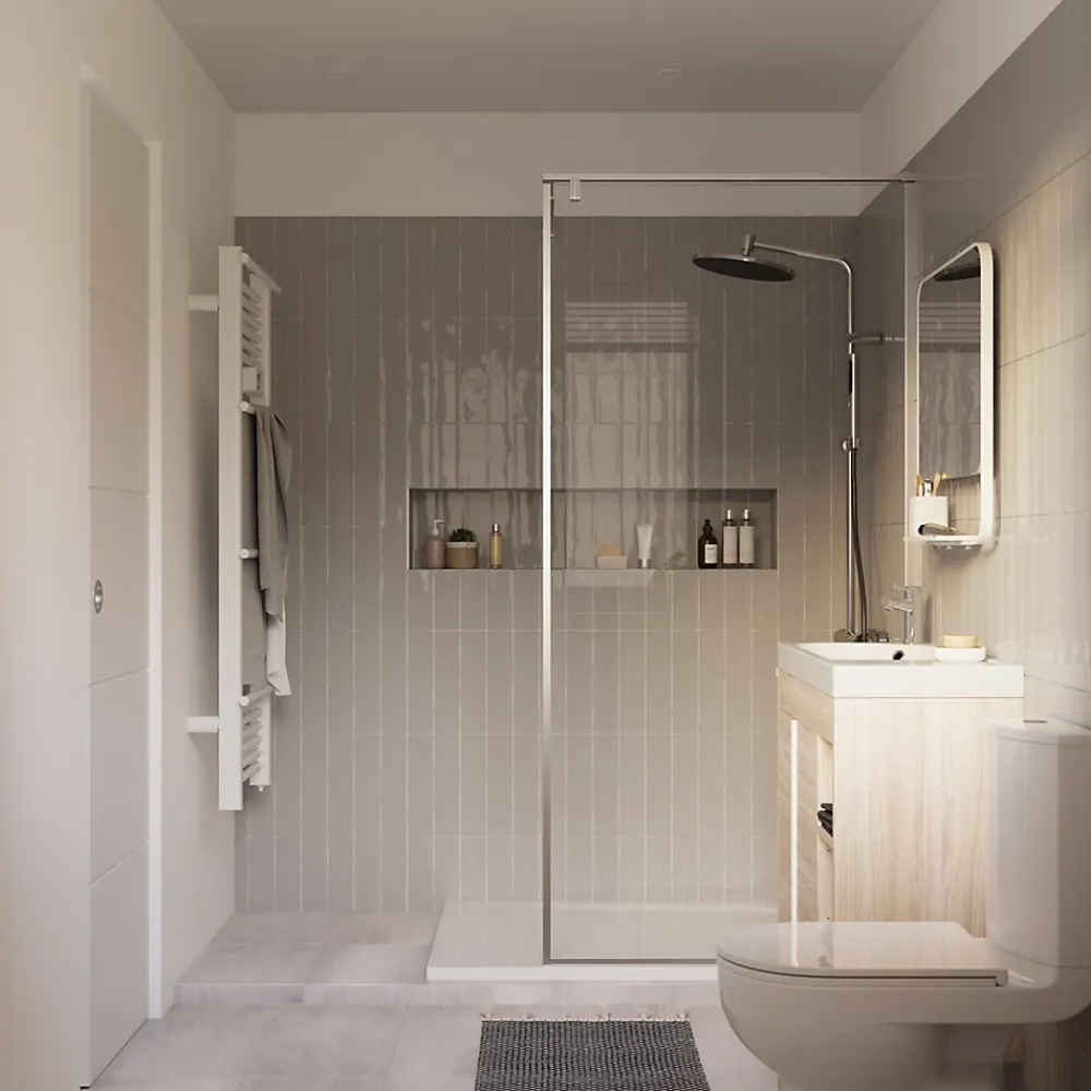 GoodHome Meuble sous vasque faible profondeur à poser avec porte-serviettes effet bois l.85 x H.82 x P.36 cm, Maza