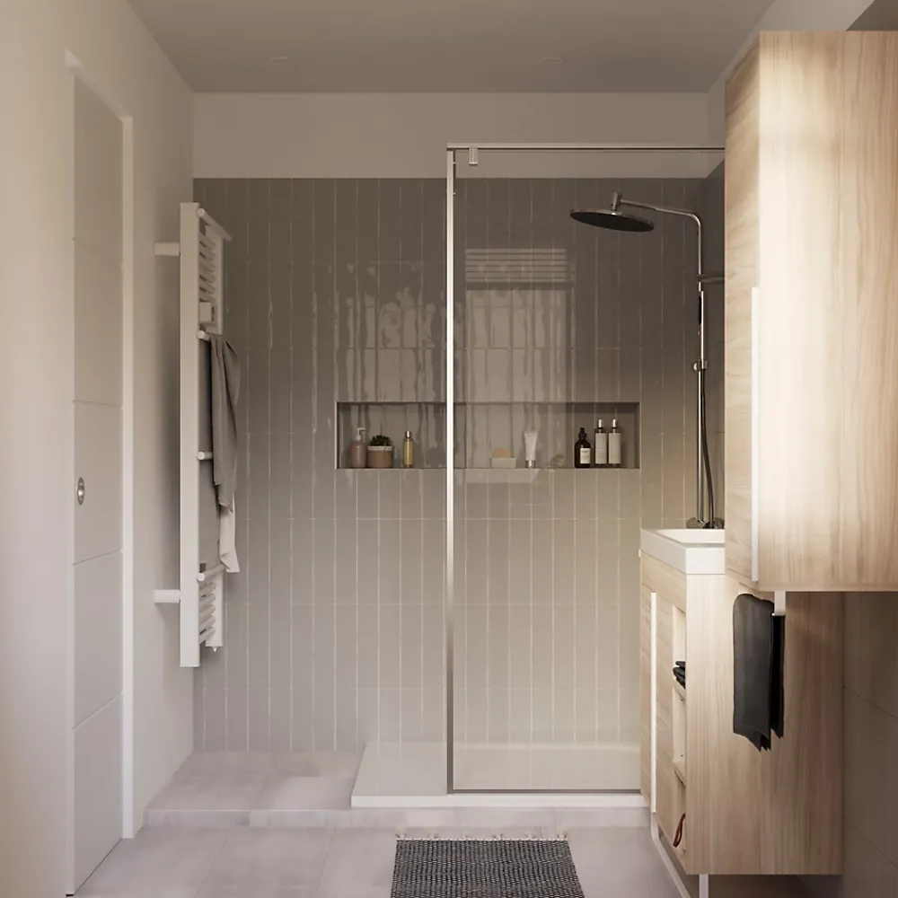 GoodHome Meuble sous vasque faible profondeur à poser avec porte-serviettes effet bois l.85 x H.82 x P.36 cm, Maza