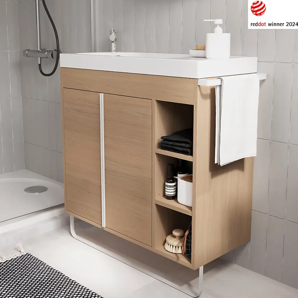 GoodHome Meuble sous vasque faible profondeur à poser avec porte-serviettes effet bois l.85 x H.82 x P.36 cm, Maza