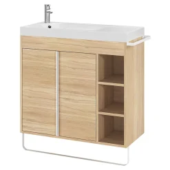 GoodHome Meuble sous vasque faible profondeur à poser avec porte-serviettes effet bois l.85 x H.82 x P.36 cm, Maza