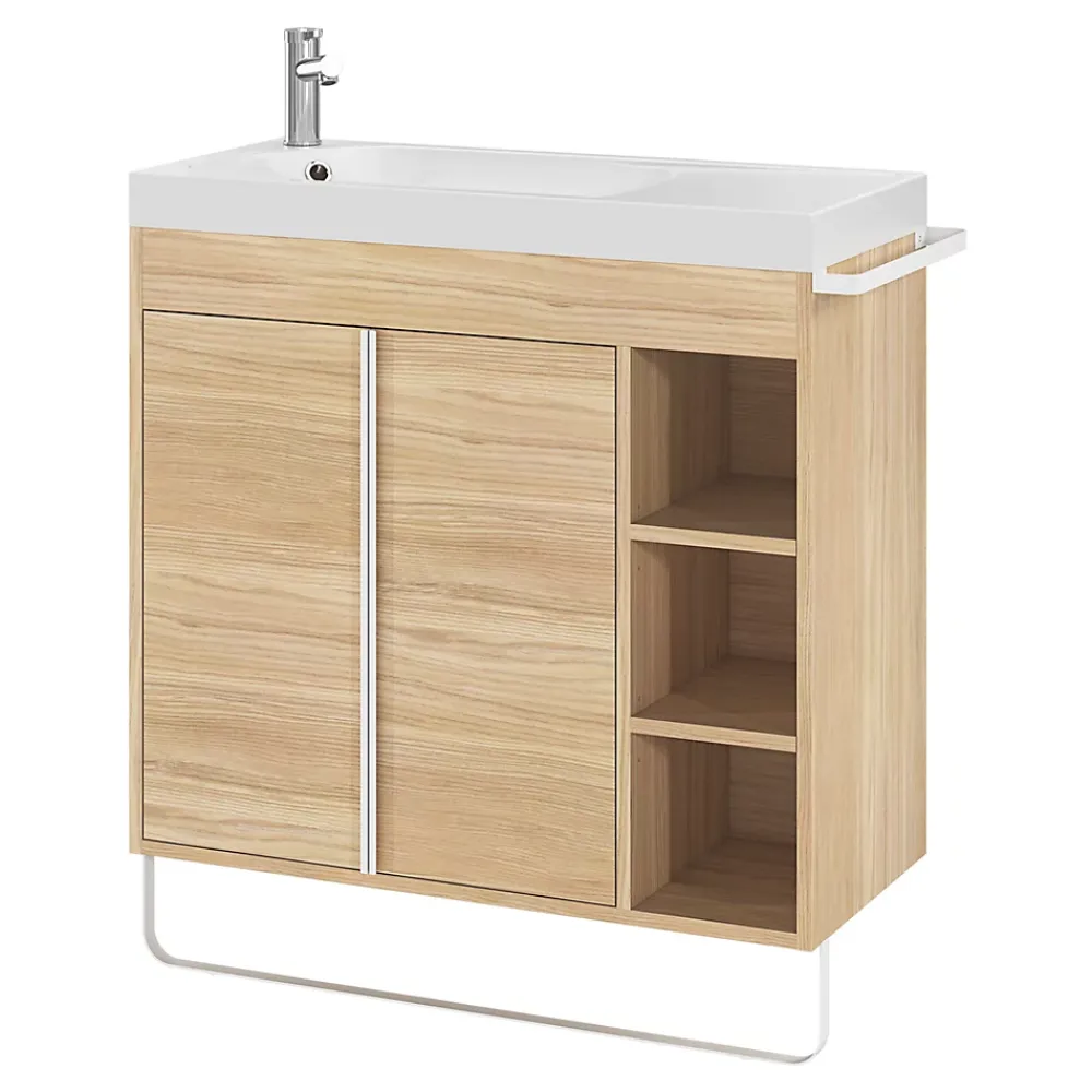 GoodHome Meuble sous vasque faible profondeur à poser avec porte-serviettes effet bois l.85 x H.82 x P.36 cm, Maza
