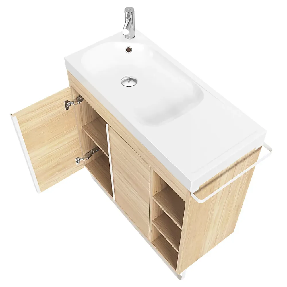 GoodHome Meuble sous vasque faible profondeur à poser avec porte-serviettes effet bois l.85 x H.82 x P.36 cm, Maza