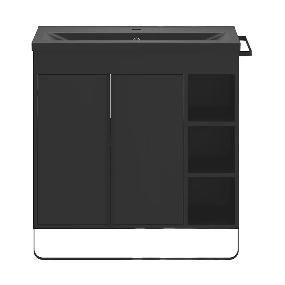 GoodHome Meuble sous vasque faible profondeur à poser avec porte-serviettes noir l.85 x H.82 x P.36 cm, Maza