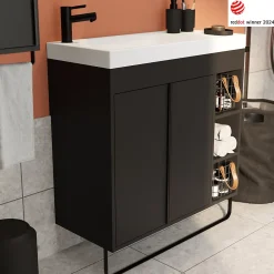 GoodHome Meuble sous vasque faible profondeur à poser avec porte-serviettes noir l.85 x H.82 x P.36 cm, Maza