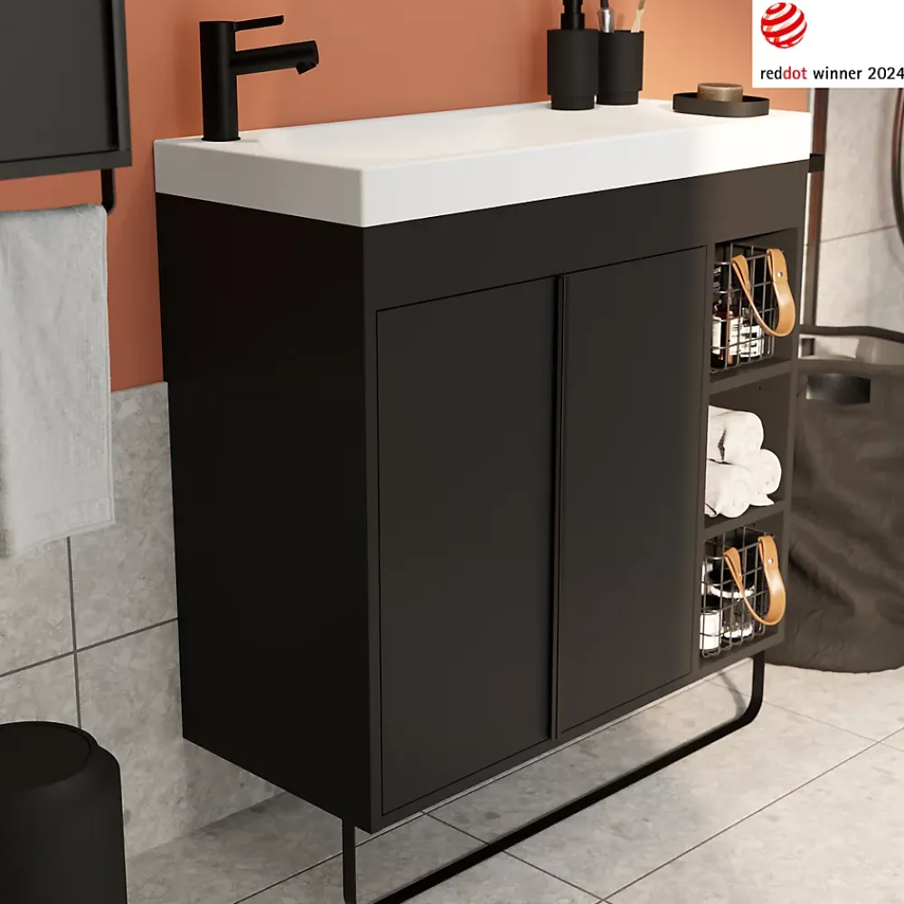 GoodHome Meuble sous vasque faible profondeur à poser avec porte-serviettes noir l.85 x H.82 x P.36 cm, Maza