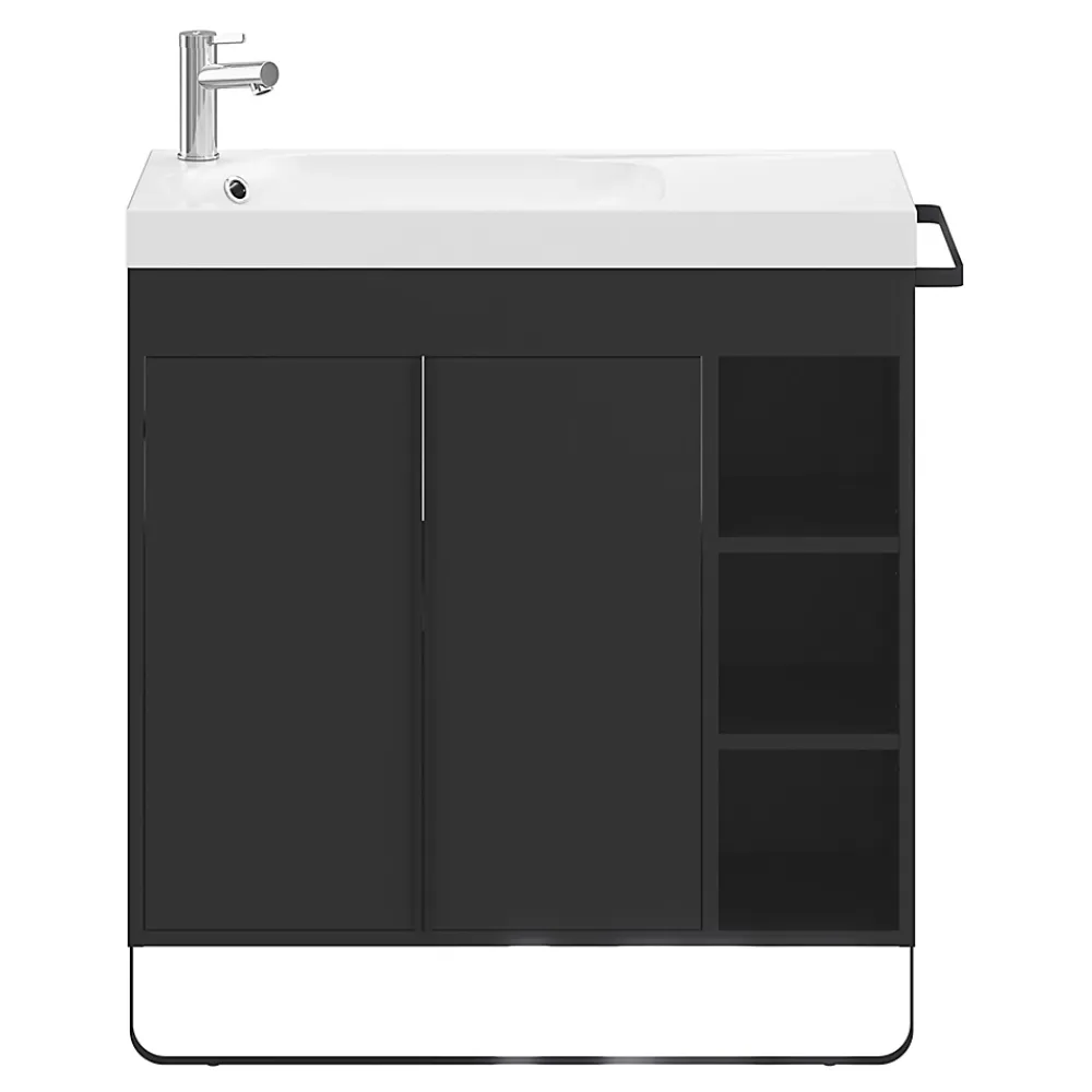 GoodHome Meuble sous vasque faible profondeur à poser avec porte-serviettes noir l.85 x H.82 x P.36 cm, Maza